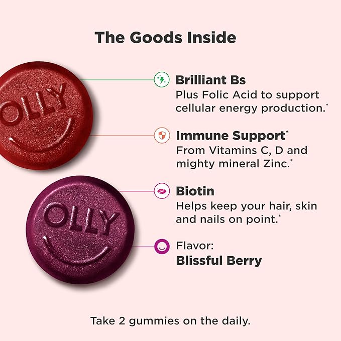 OLLY Women's Multivitamin Gummy, Vitamins A, D, C, E, Biotin, Folic Acid, Adult Chewable Vitamin, Berry Flavor, 65 Day Supply - 130 Count