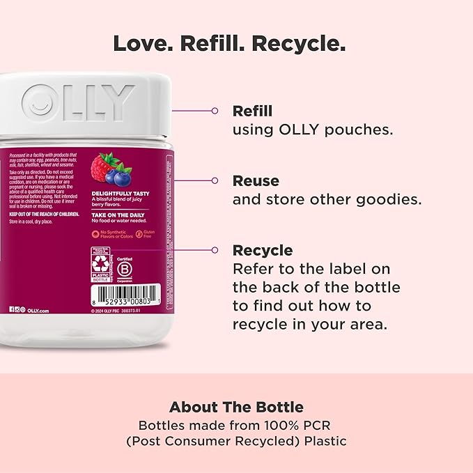 OLLY Women's Multivitamin Gummy, Vitamins A, D, C, E, Biotin, Folic Acid, Adult Chewable Vitamin, Berry Flavor, 65 Day Supply - 130 Count