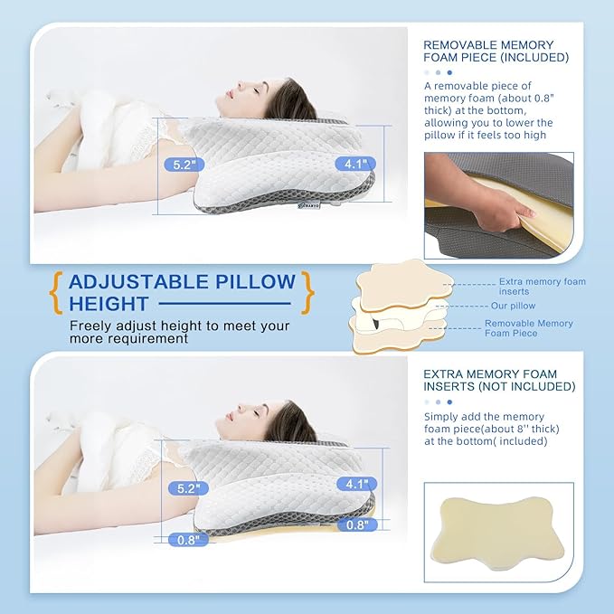 Pain Relief Cervical Pillow for Neck Support, Adjustable Ergonomic Pillow Cozy Sleeping, Odorless Orthopedic Memory Foam Pillows, Contour Bed Pillow for Side Back Stomach Sleeper